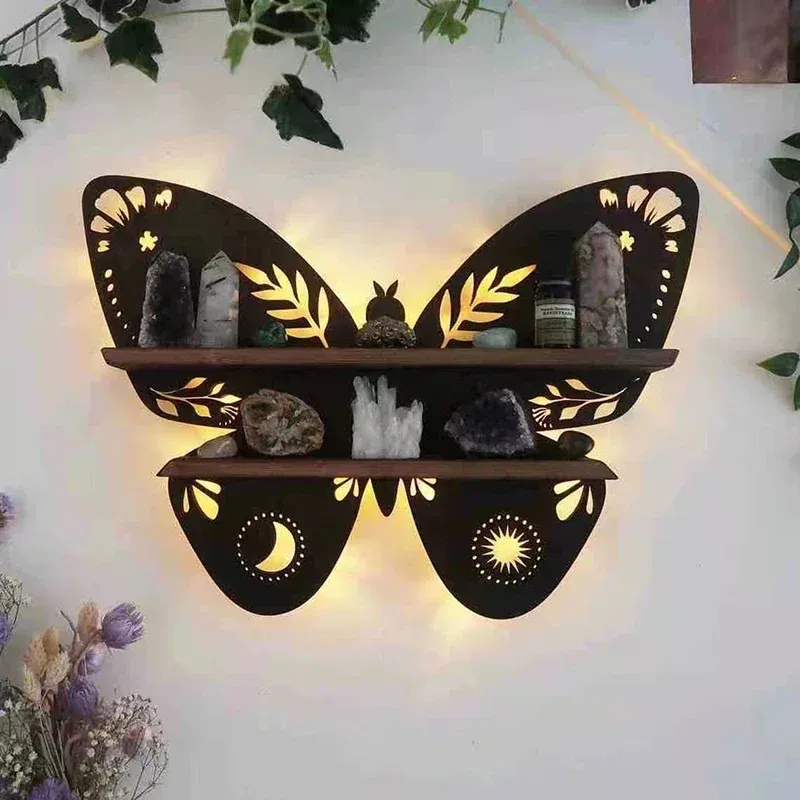 Стеллажи Полка-бабочка Настенный декор Деревянная полка Luna Moth для хрусталя, камни Эфирные масла Настенная полка Готический домашний декор стен