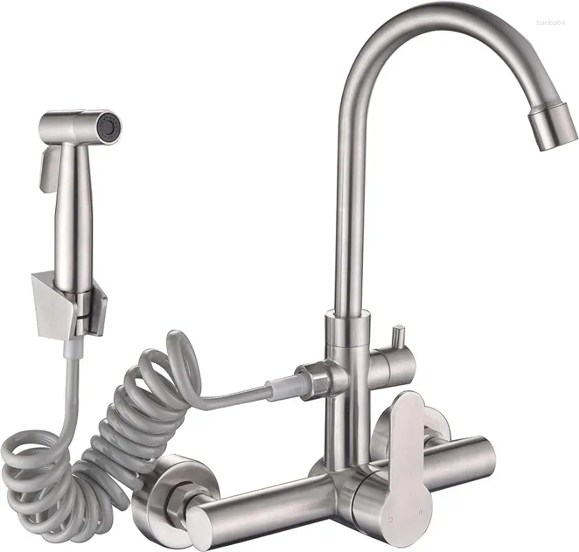 Kitchen Faucets Wall Mount Faucet 8 Inch Brushed Nickeled For With Spray Gun And 2 Water Jet