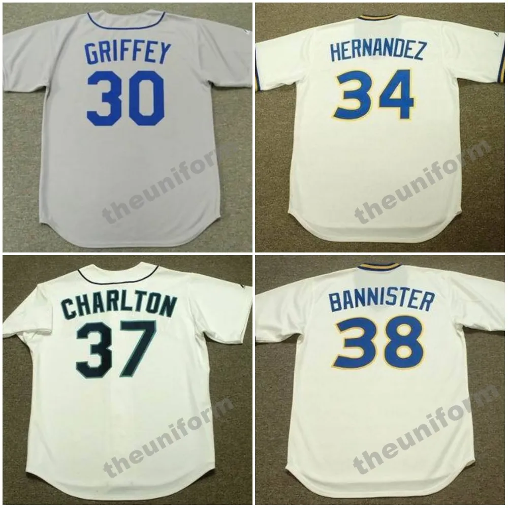 Mäns 1982-2001: s Seattle Adrian Beltre Brett Boone Ken Griffey Felix Hernandez Gaylord Perry Norm Charlton Floyd Bannister Throwback Baseball Jersey S-5XL