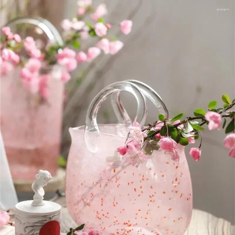 Vases Pink Pail Glass Handbag Home Decor Flower Vase Decoration Piece Creative Internet Celebrity INS Wind Hydroponic Retro