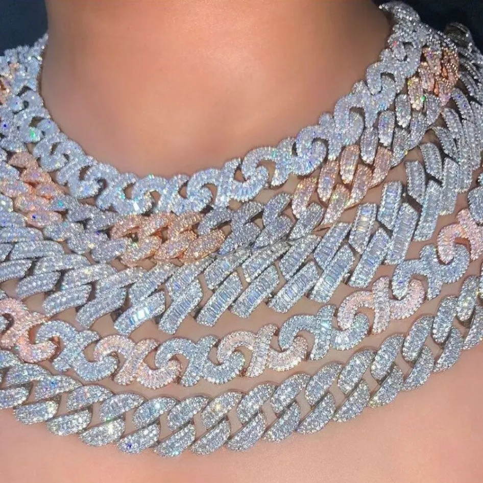 Collier chaîne à maillons cubains Baguette de 15mm, or Rose, deux tons, plaqué argent 14K, diamant, zircone cubique, bijoux 14 à 20 pouces, 219s