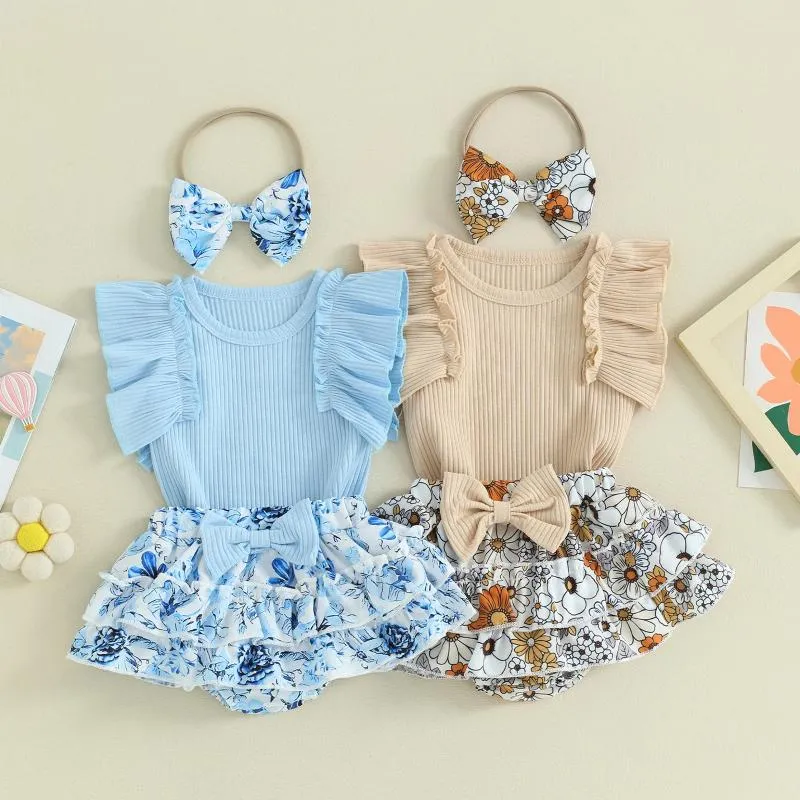 Ensembles de vêtements d'été pour bébé fille, vêtements à volants, barboteuse et jupe florale élastique, short, bandeau, tenues