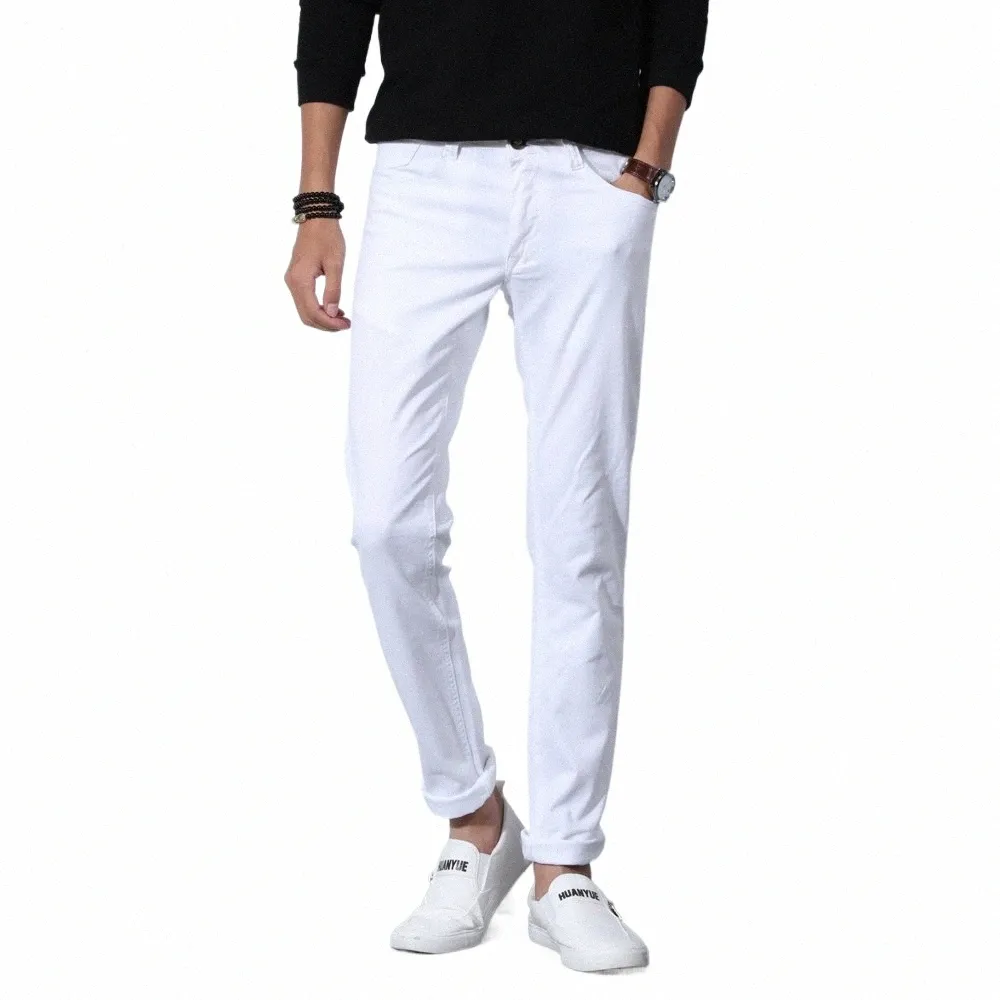 2020 новые осенние мужские чисто белые джинсы Fi, повседневные узкие эластичные брюки, мужская брендовая одежда p0py #