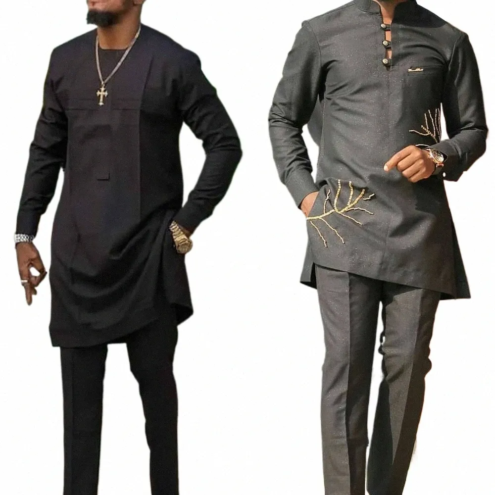 Tenue traditionnelle africaine Diki Noir O-cou Costumes élégants pour hommes Nouveau 2PC Marque de luxe Vêtements Pantalon complet Ensembles Vêtements masculins n4Hq #