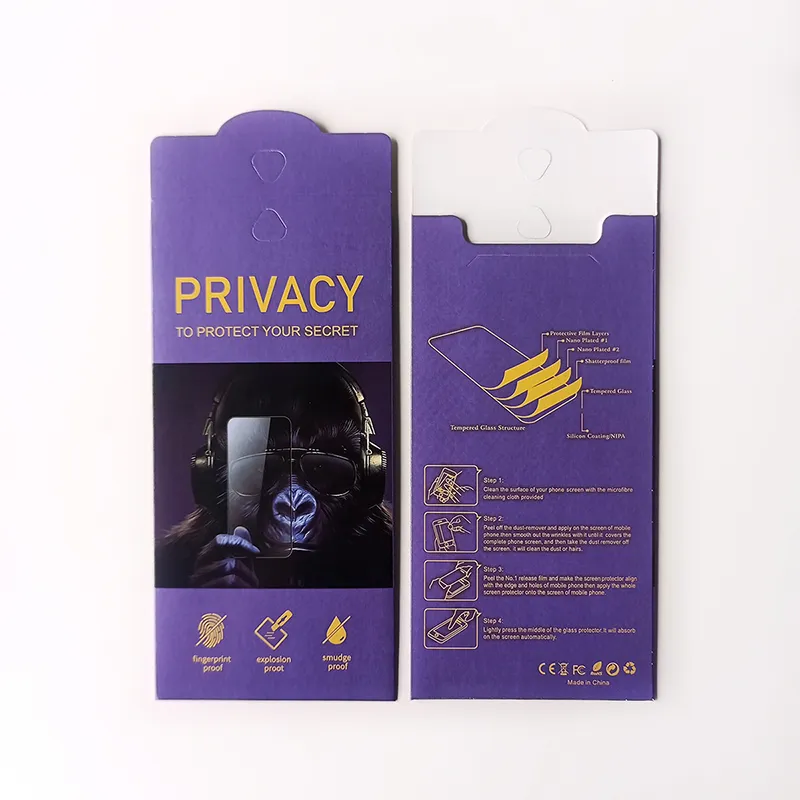 Universal Purple Retail Paper Package Bag Box för smart telefon Intempererad Glass Anti Spy Screen Protector Paper PASSS