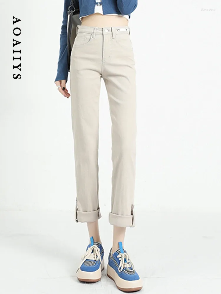 Kvinnors jeans aoaiiys beige för kvinnor denim byxor hög midja streetwear casual mamma koreansk mode vintage rak penna