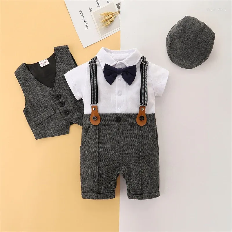 Set di abbigliamento 0-36 mesi Neonati maschi 4 pezzi Set di tute a maniche corte pagliaccetto gilet cappello neonato estivo abiti da gentiluomo