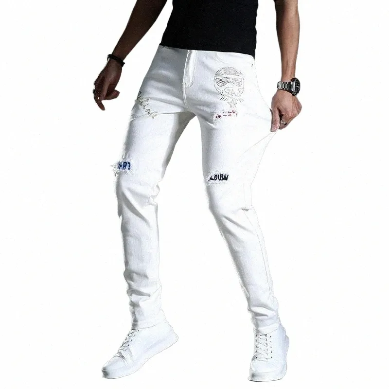 fi 2022 Brand White Jeans Men's Ripped Hole Patch Printing Embroidery Hot Drill Beggar Pencil Pants Korean Pencil Trousers I3pL#