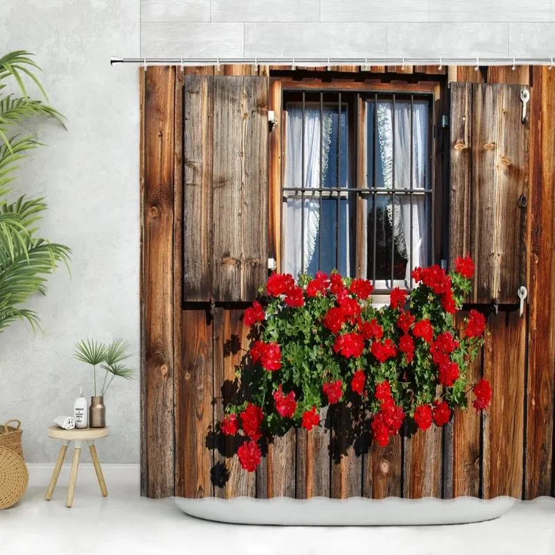 Zasłony prysznicowe retro z kwiatem zasłony stary drewniane okiennice wiejskie stodoła druk dekoracje domu