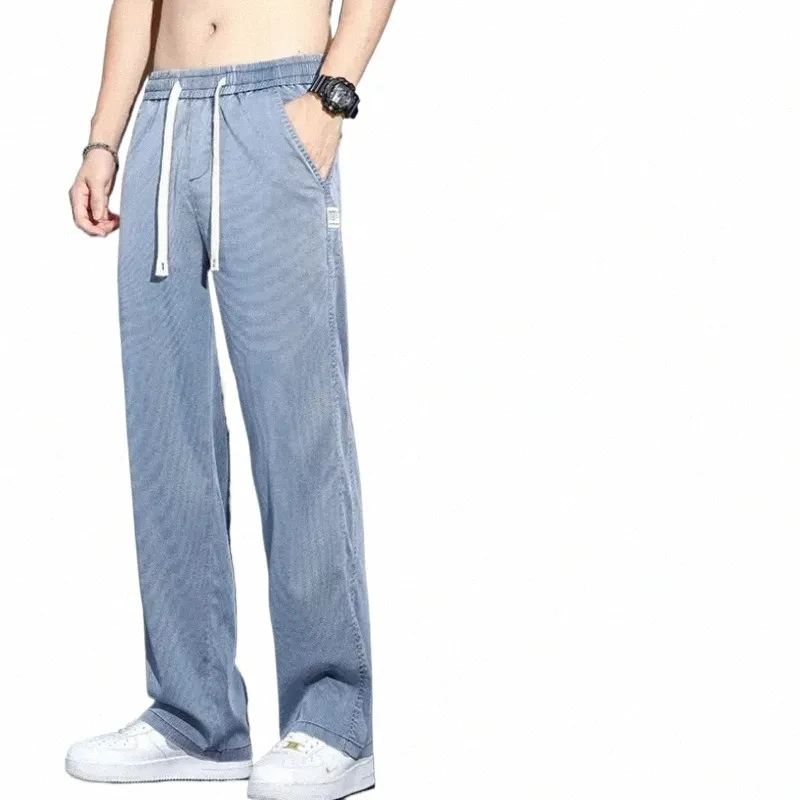 Printemps été nouveaux jeans pour hommes pantalons à jambes larges mince doux tissu lyocell confortable luxe droit baggy denim pantalon j0ZV #