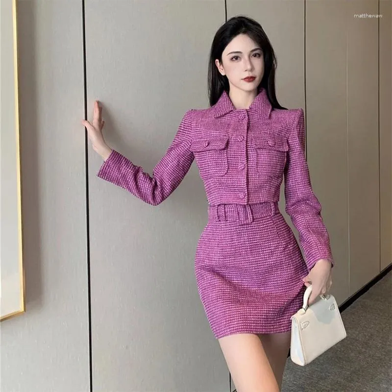 Vestidos de trabalho de inverno feminino conjuntos de duas peças tecido jacquard lavanda roxo tweed jaqueta curta saia ternos de menina