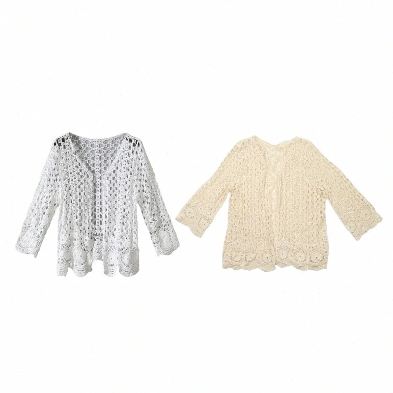 women Spring Lg Sleeve Cardigan Hollow Out Crochet Knit Floral Sweater Cover Up Open Frt Scalloped Hem Mesh Net Shrug P8DB A8ye#