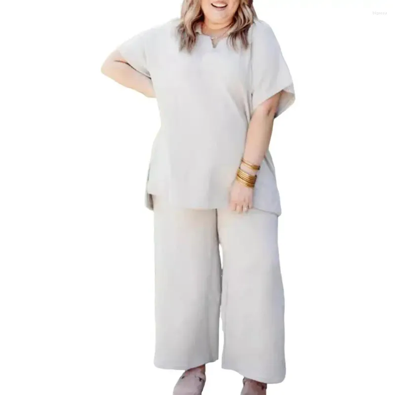 Women's Two Piece Pants Elasticated Wide-leg Trousers Stylish Top Set With V Neck Wide Leg Design Plus Size Homewear Two-piece For Casual