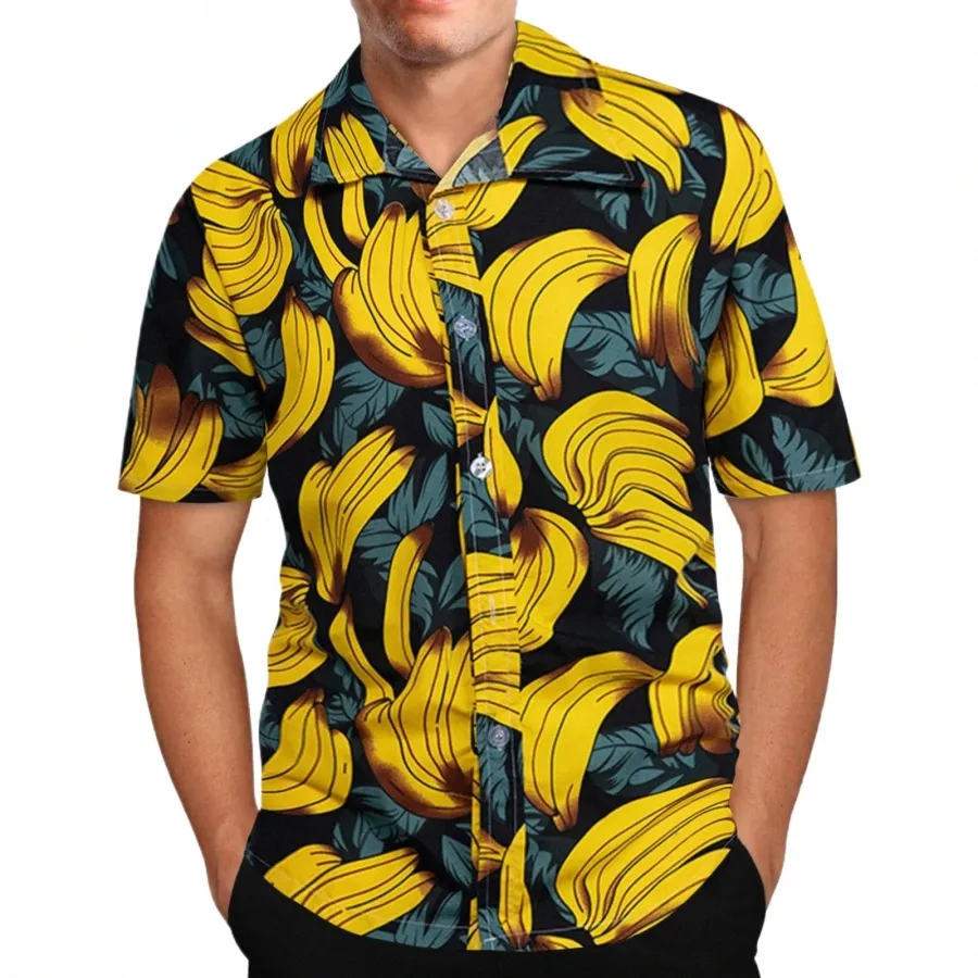 قميص للرجال من فاكهة هاواي ، فاكهة ثلاثية الأبعاد غير الرسمية على الشاطئ القصيرة الأكمام.