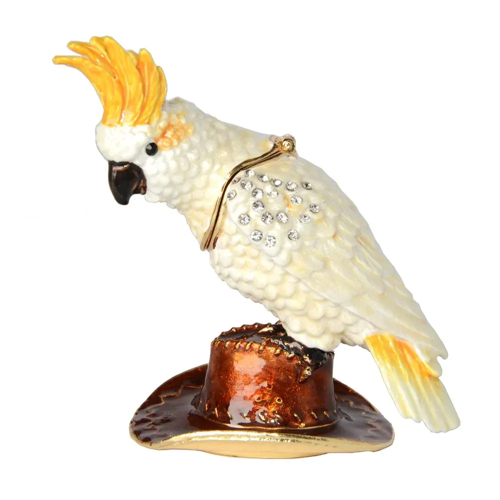 Rzeźby emaliowane na zawiasowe pudełko bibelotu z kryształami, białym kakadu, dekoracją figurki ptaków