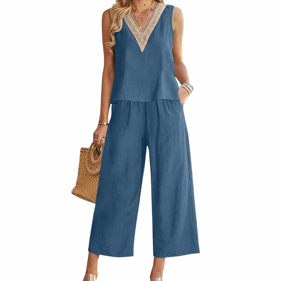 Vrouwen 2-delige effen kleur losse pasvorm jumpsuits outfits Sleevel linnen Butt Back crop top en wijde pijpen broek set met zakken F9bR #