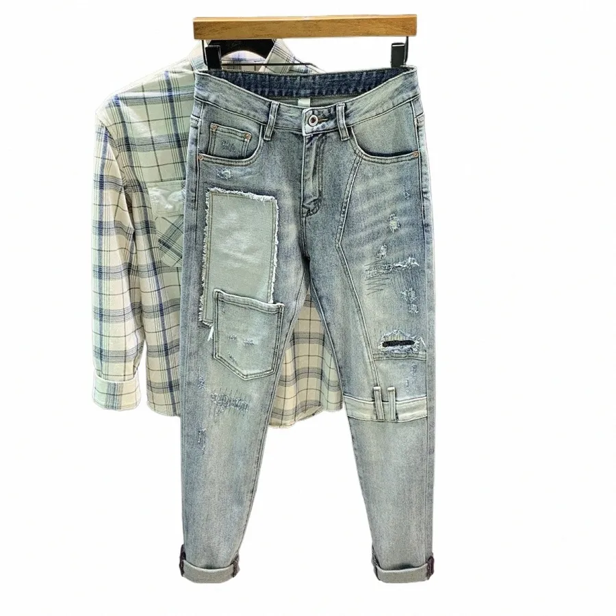 Calças de brim para homens costura rasgado buraco remendo fi europeu estilo americano retro magro biker jeans calças jeans streetwear m9pB #