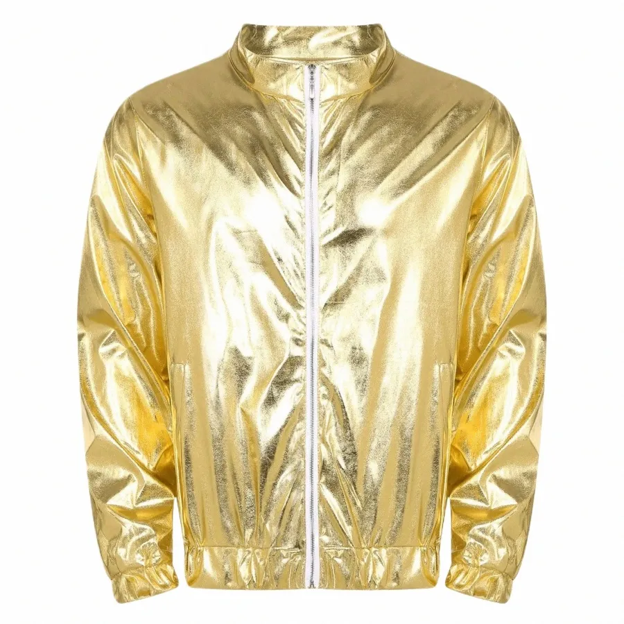 mens Metallic Shiny Jacket Fi Zipper Lg Sleeve Sweatshirt Outwear for Music Festival Club Dance Party Stage Performance F5eK#