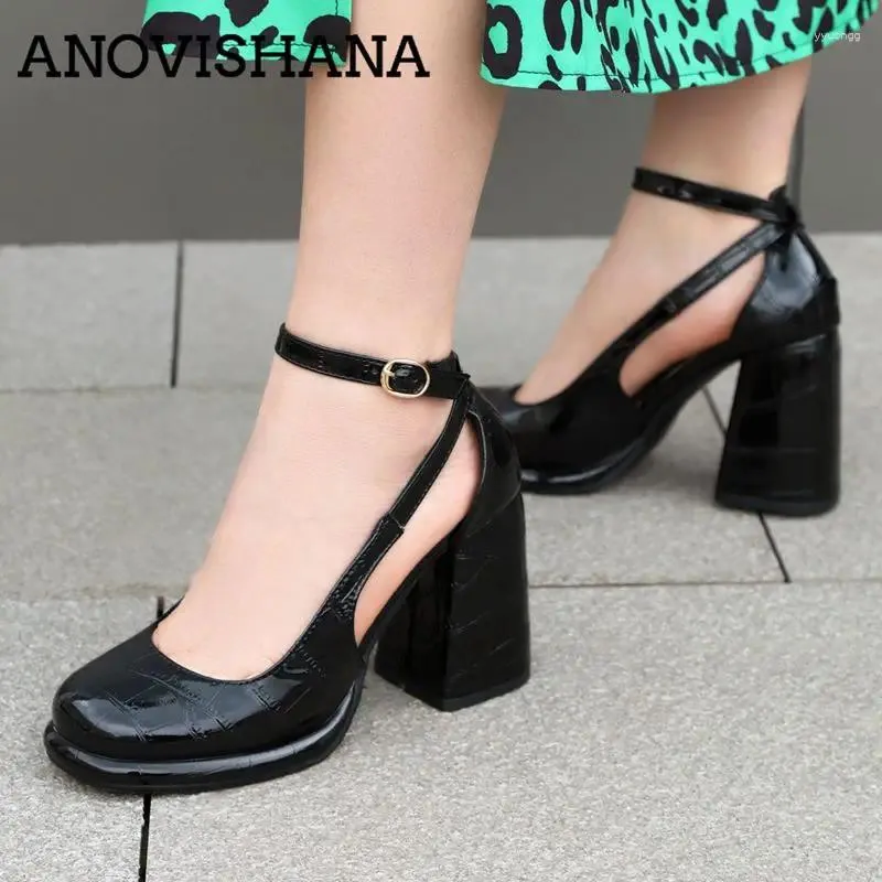 Dress Shoes ANOVISHANA Fashion Women Pumps 32 33 Round Toe Block Heels 9cm Platform Plaid Ankle Buckle Strap Big Size 43 Sexy Dating