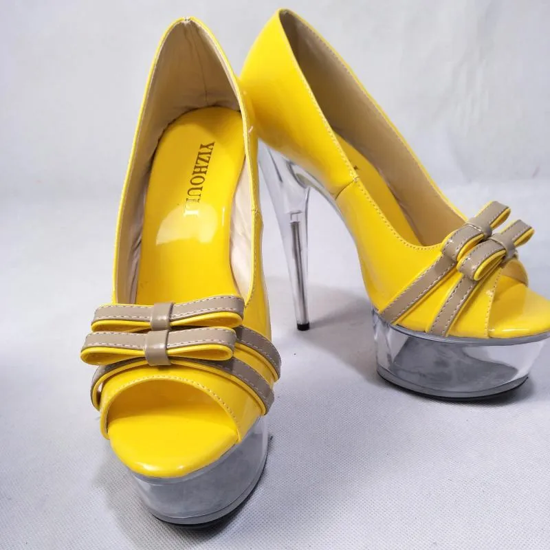 Chaussures de danse à talons Ultra hauts de 15cm, plateforme, bouche peu profonde, cristal jaune, chaussures à talons hauts magnifiques