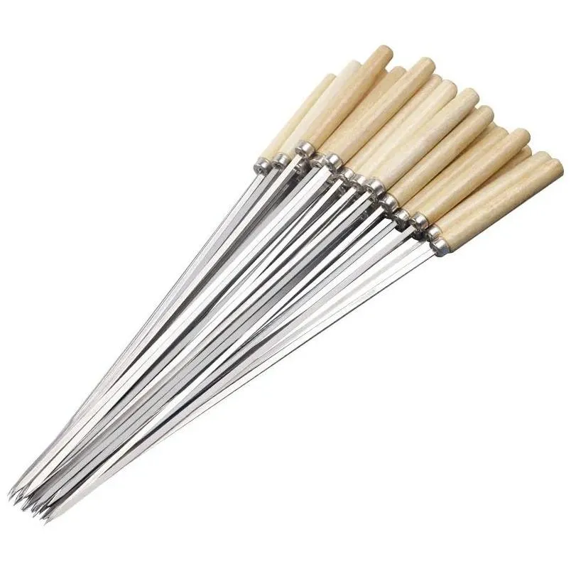 Bbq Tools Accessories Barbecue Skewer Wooden Handle Stainless Steel Kabob Skewers Outdoor Cam Kitchen Flat Drop Delivery Home Garden P Dh4Kx