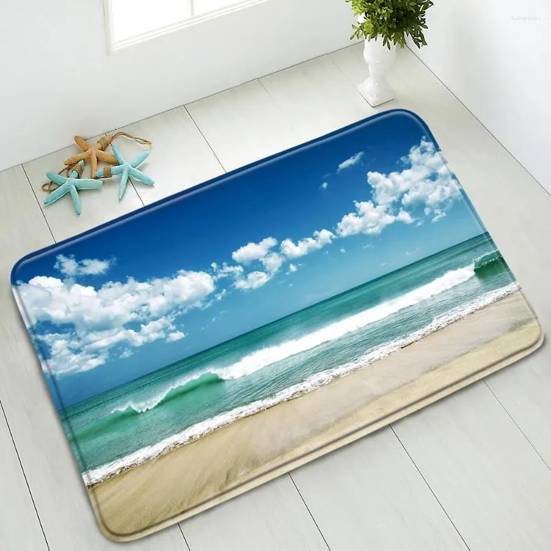 バスマットオーシャンビーチマットパームツリープラント夏の風景リビングルームベッドルームキッチンドアマットフットウォッシュ可能なカーペット家の装飾
