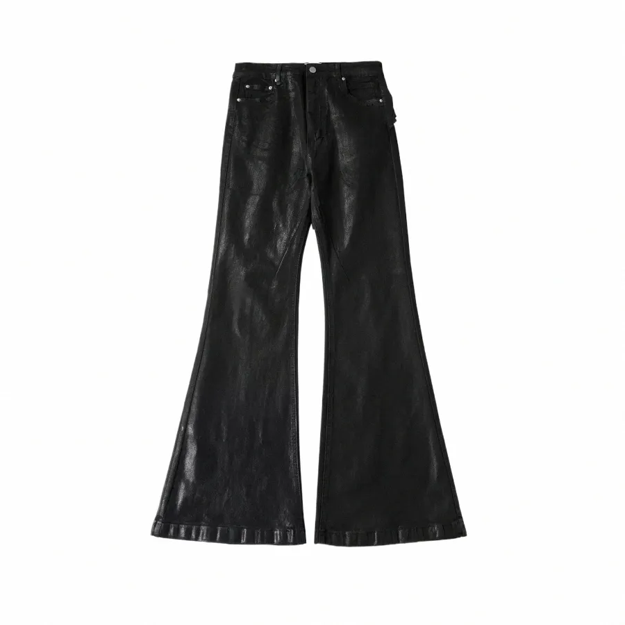 wax coating black baggy flare jeans