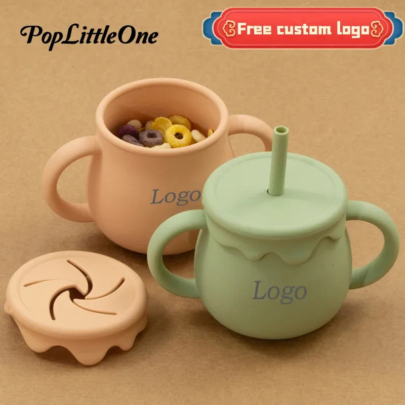 Dessin animé mignon tasse de paille en silicone tasse à boire pour enfants tasse à collation 2-en-1 boîte de stockage des aliments avec poignée tasse d'eau d'alimentation sans BPA 240321