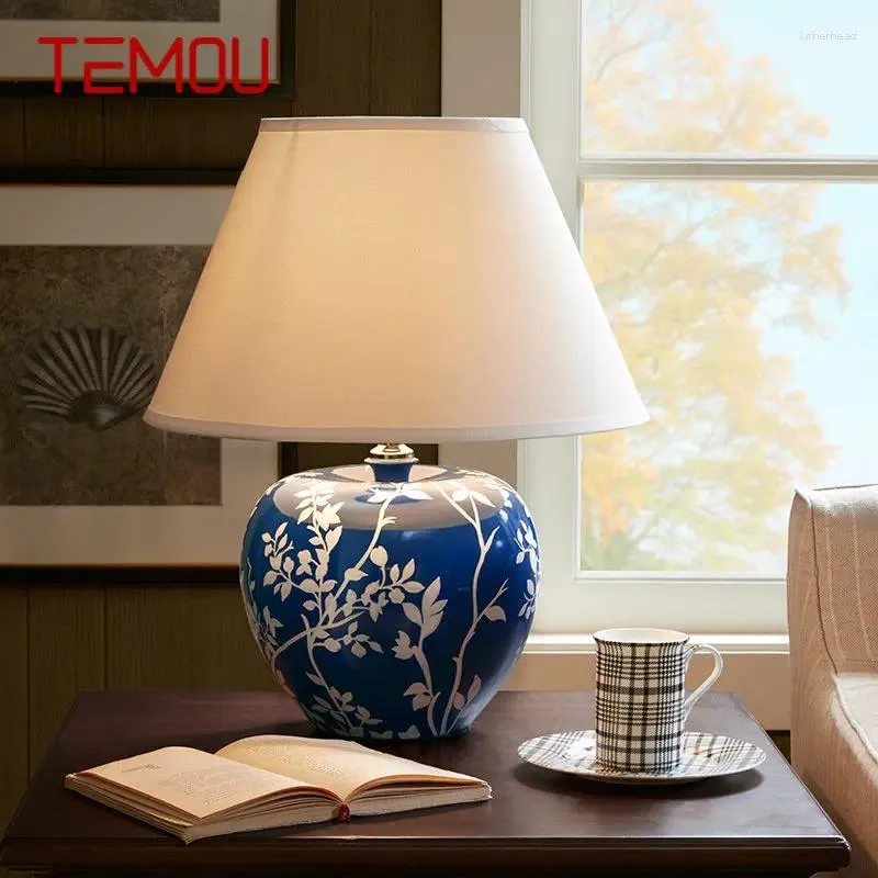 Table Lamps TEMOU Modern Blue Ceramic Lamp Creative Vintage LED Desk Light For Decorative Home Living Room Bedroom Bedside