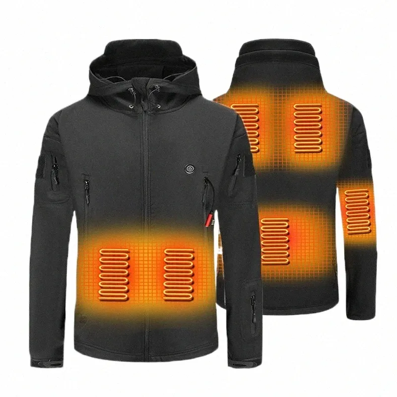 Veste de chauffage électrique d'hiver hommes USB Smart épais vestes chauffantes à capuche chaleur tactique coupe-vent imperméable Parkas mâle c6dk #