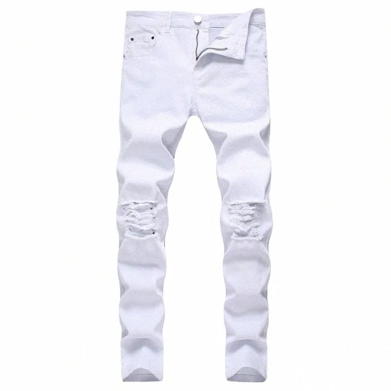 Mannen Fi Gescheurde Stretch Skinny Jeans Broek Mannelijke Vernietigd Effen Sim Fit Jogging Potlood Denim Broek V0sP #