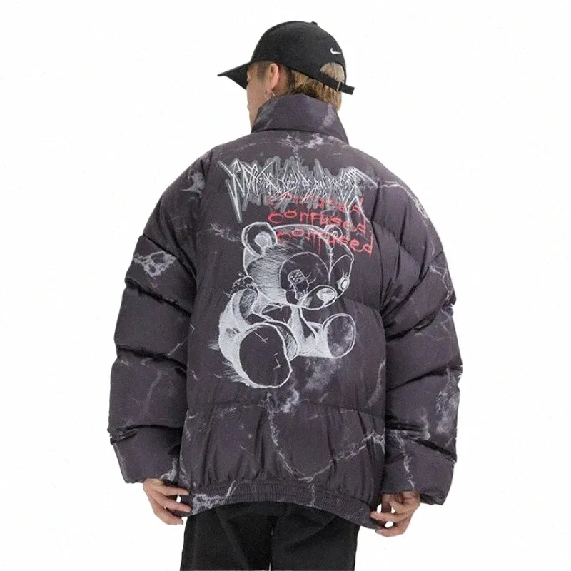 Hommes Bear Print Down Jacket Couple Hiver Coupe-vent surdimensionné Streetwear Noir Blanc Épaissir Chaud Hipster Puffer Vestes Parkas c30k #