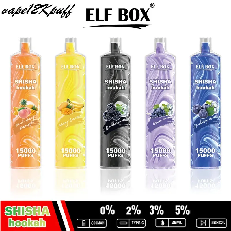 Elf Box 15000 Puff Disposable Electronic Cigarette 15K Puff Mesh Coil Rechargeable Battery 600mah E Liquid Puff 15K Electronic Cigarette RGB Light 12 flavors 0% 2% 5%