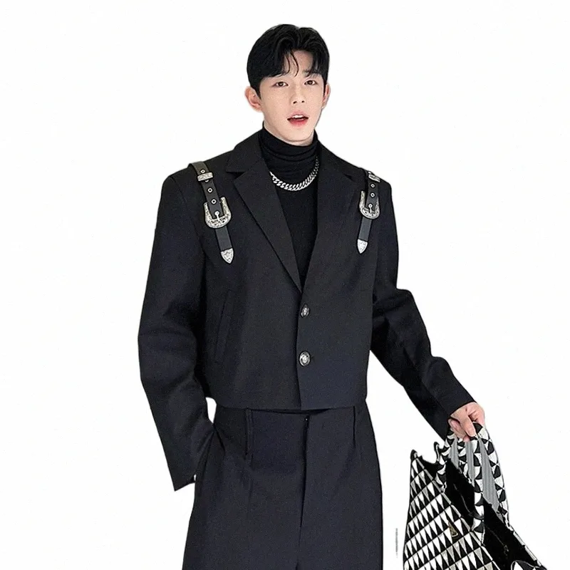 IEFB Elgance Manteau de costume pour hommes Boucle en métal Bracelet en cuir Niche Design Court Style coréen Blazers Fi Automne Nouveaux Tops 9C2135 b1UN #