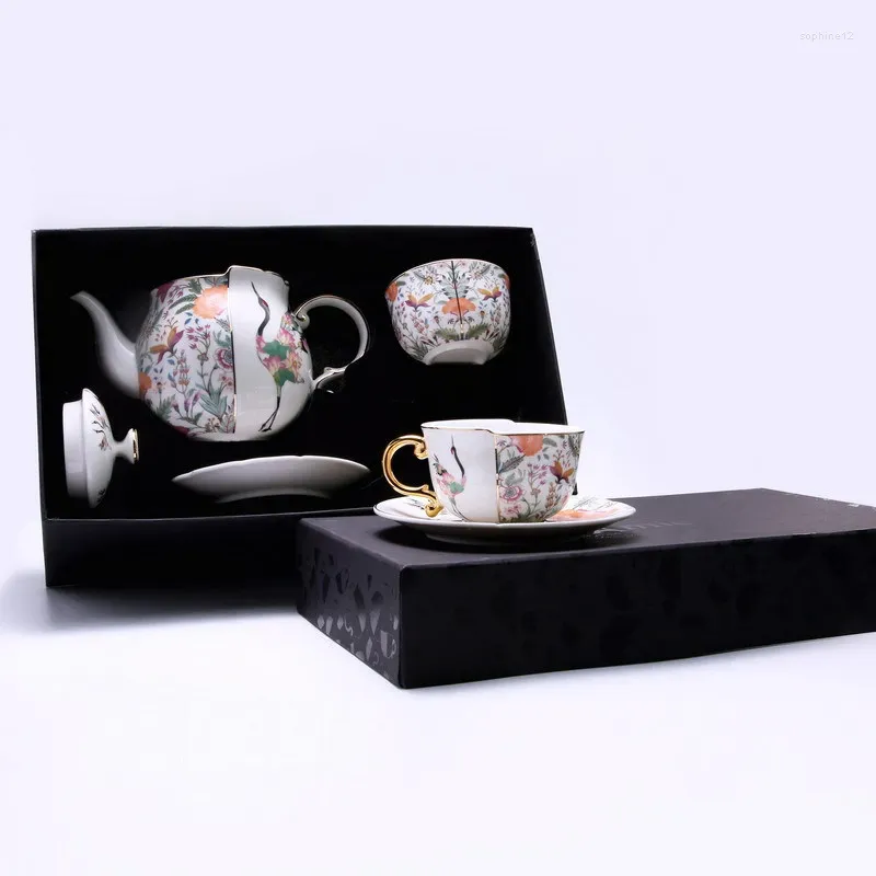 Teegeschirr-Sets, Nachmittagstee-Set für Geschenkbox, 1 Teekanne und 2 Tassen Untertasse, europäisches Zuhause, Luxus-Knochenporzellan, exquisiter Kaffee