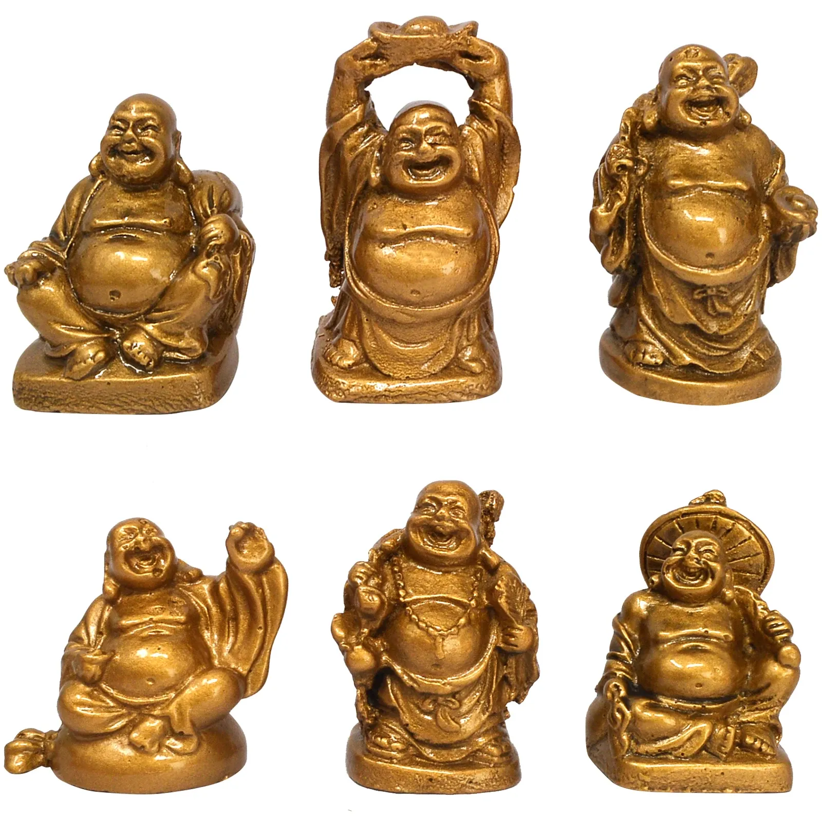 Sculptures Feng Shui Ensemble de 6 résines 2 '' Bouddha riant Figurines de lingot d'or Décoration de la maison Cadeau