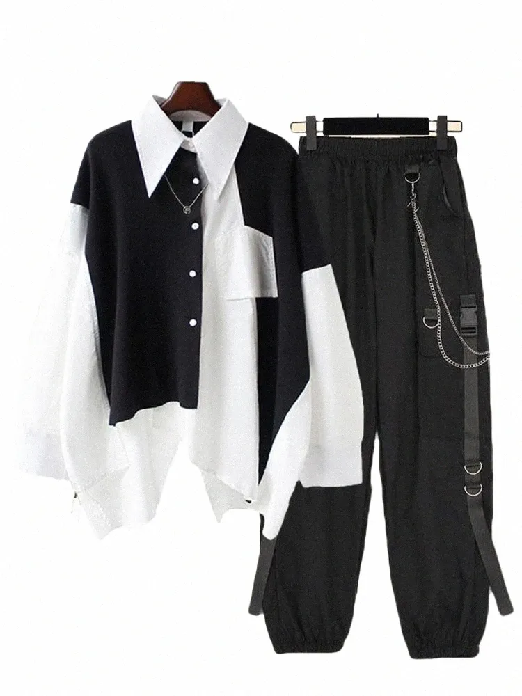 2st kvinnors streetwear outfits Lossa LG Sleeve Shirt Ribb Chain Cargo Pants 2 Piece Set Korean Casual Unisex Par Suit U15B#