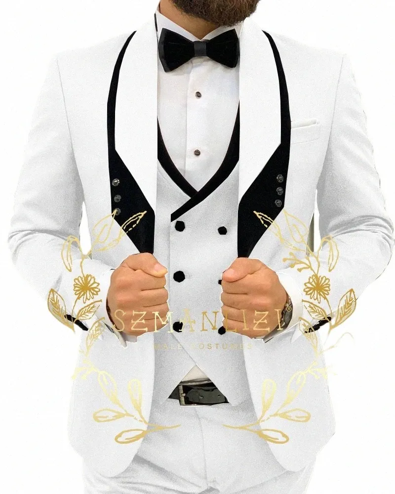 2023 White Classic Men Suit 3 Piece Tuxedo Shawl Lapel Groomsmen Wedding Set Set Fi Men Busin Blazer Jacket Pants Vest 94sh#