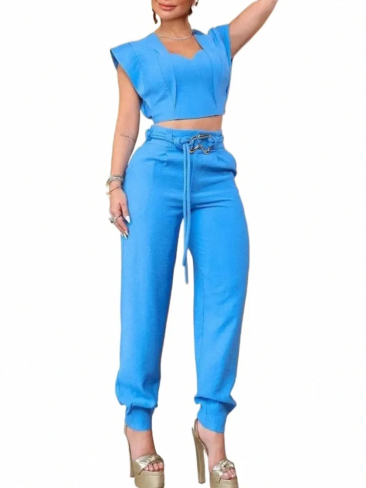 Office Two Pieces Define Elegante Tubo Crop Top Regata e Calças Elásticas de Cintura Alta Athleisure Calças Finas Conjuntos de Verão Q9GK #