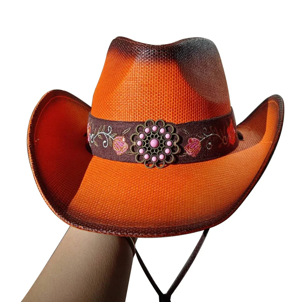 Western Orange Cowboy Hat Straw Cured Edge Summer Thicked Sunshade Mens and Womens Beach 240326