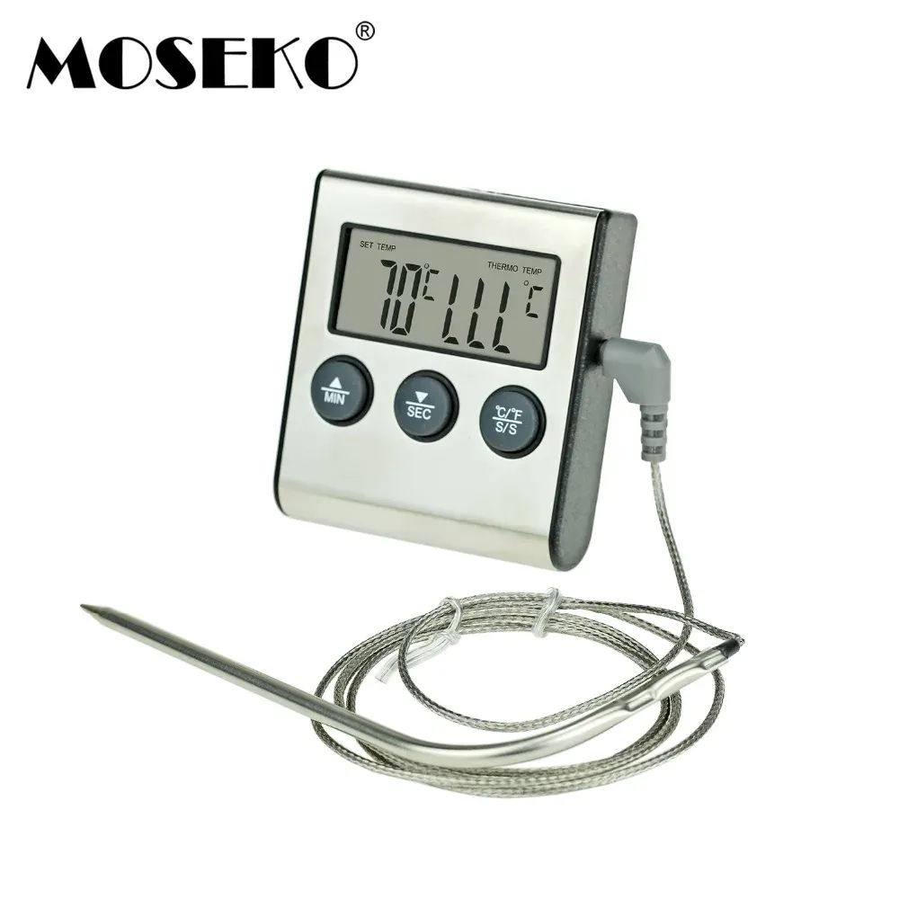 Göstergeler Moseko Dijital Et Fırın Pişirme Mutfak Termometresi Sigara içen ızgara için Termometre Paslanmaz Çelik Problu Alarm Alarmı