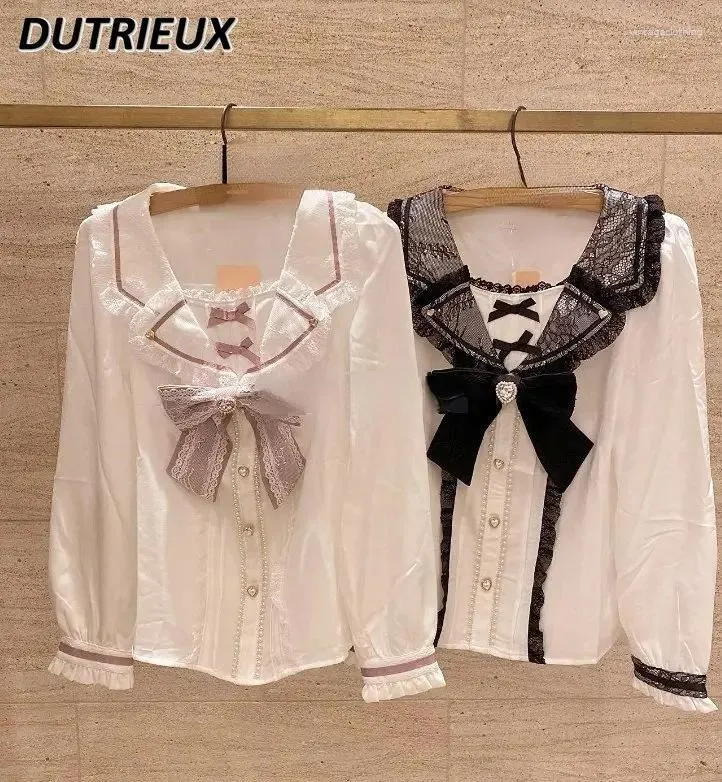 Damenblusen Frühling Herbst Lolita Tops Schleife Matrosenkragen Hemd Elegant Süßer Schnitt Mädchen Lässige Mode Weiße Bluse