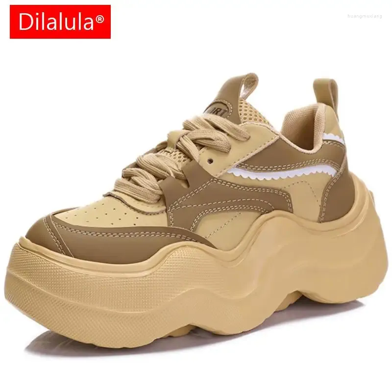 Sapatos casuais dilalula plataformas femininas tênis cores misturadas couro genuíno rendas saltos grossos mulher primavera verão lazer ao ar livre