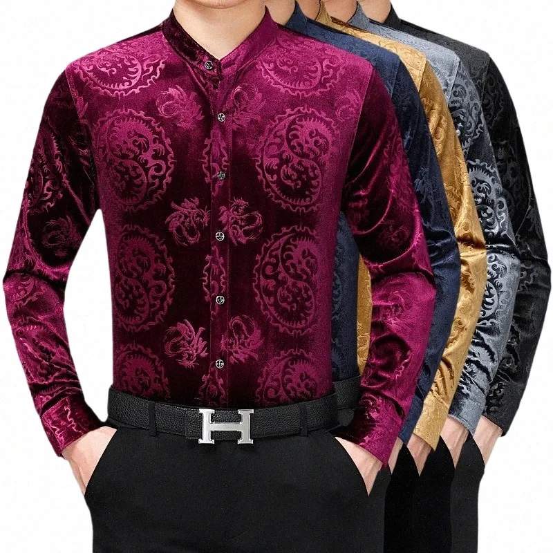 Осенняя мужская рубашка с воротником-стойкой Veet Fi Pattern Мужская рубашка с золотыми рукавами LG Veet Dr Shirt Q2Y6 #