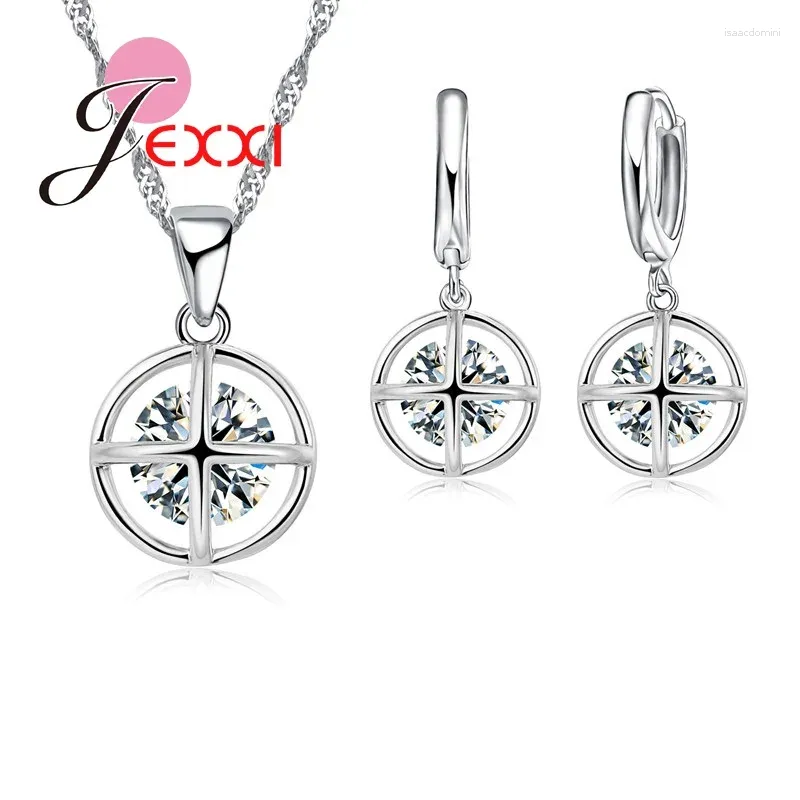 Necklace Earrings Set Simple Round Shape Cubic Zircon Crystal Party Statement Hoop Earring For Woman 925 Sterling Silver Jewelry