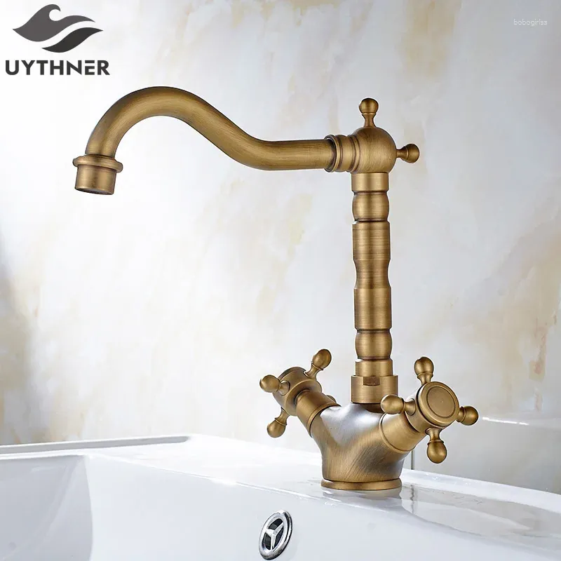 Bathroom Sink Faucets Uythner Antique Brass Faucet Dual Crossed Handles Mixer Tap
