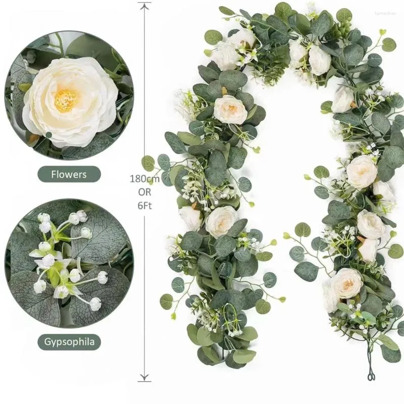 Decoratieve Bloemen 2 Stuks Kunstmatige Rose Vine Garland 5.9 Ft Bloem Hangende Manden Planten Met Witte En Eucalyptus Bladeren Deco