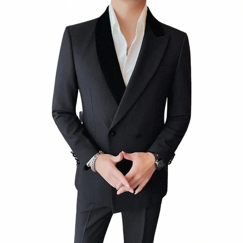 Veste de costume de mariage à double boutonnage de luxe pour hommes Slim Fit Busin Social Manteaux Hommes Vêtements Banquet Party Tuxedo Blazers 2023 19PD #