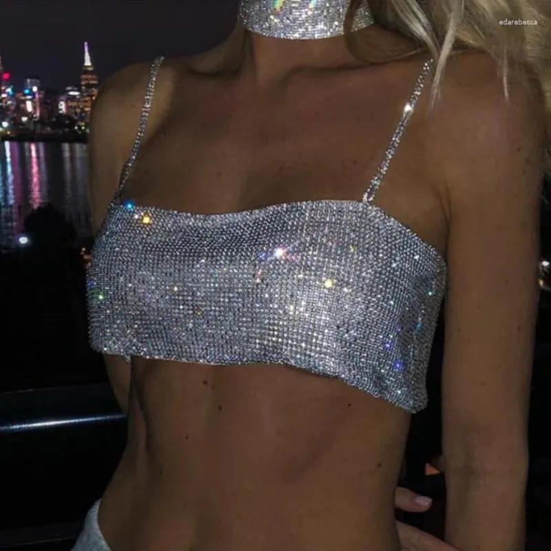 Kadın Tankları Y2K Katı Kadınlar Kolsuz Mahsul Üst Moda Metal Spagetti Kayışından Bakın Sparkly Rhinestone Beach Tank Partisi Camisloe