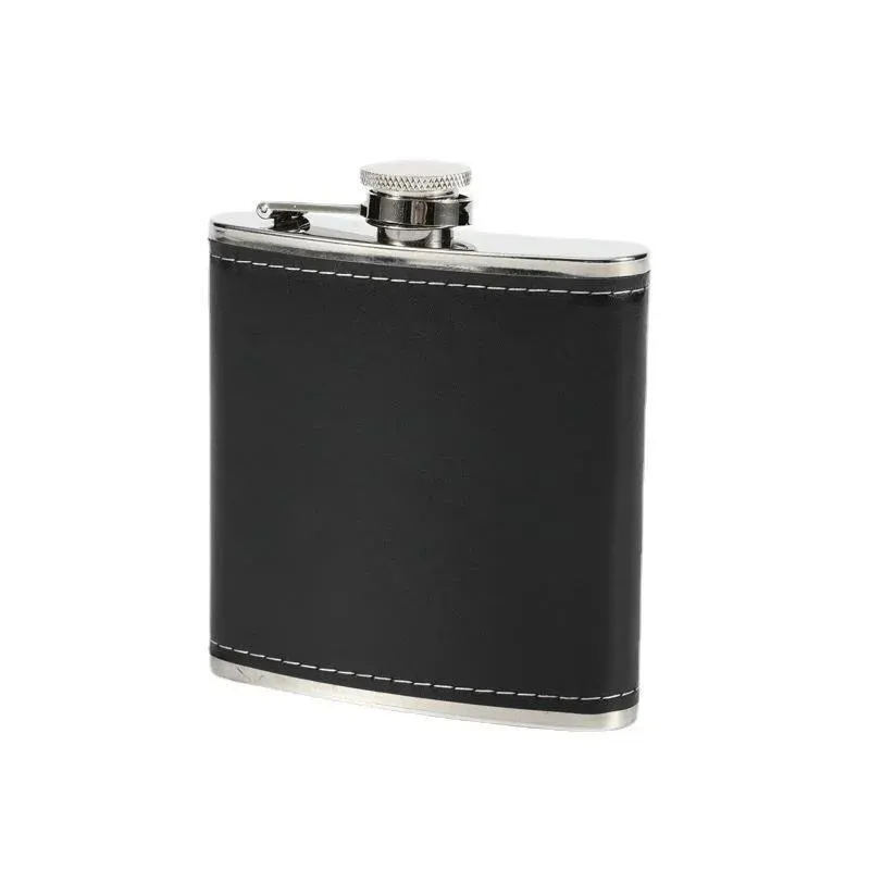 Portable Stainless Steel Hip Flask Flagon Whiskey Wine Pot Bottle Gift 6Oz with Leather Holder